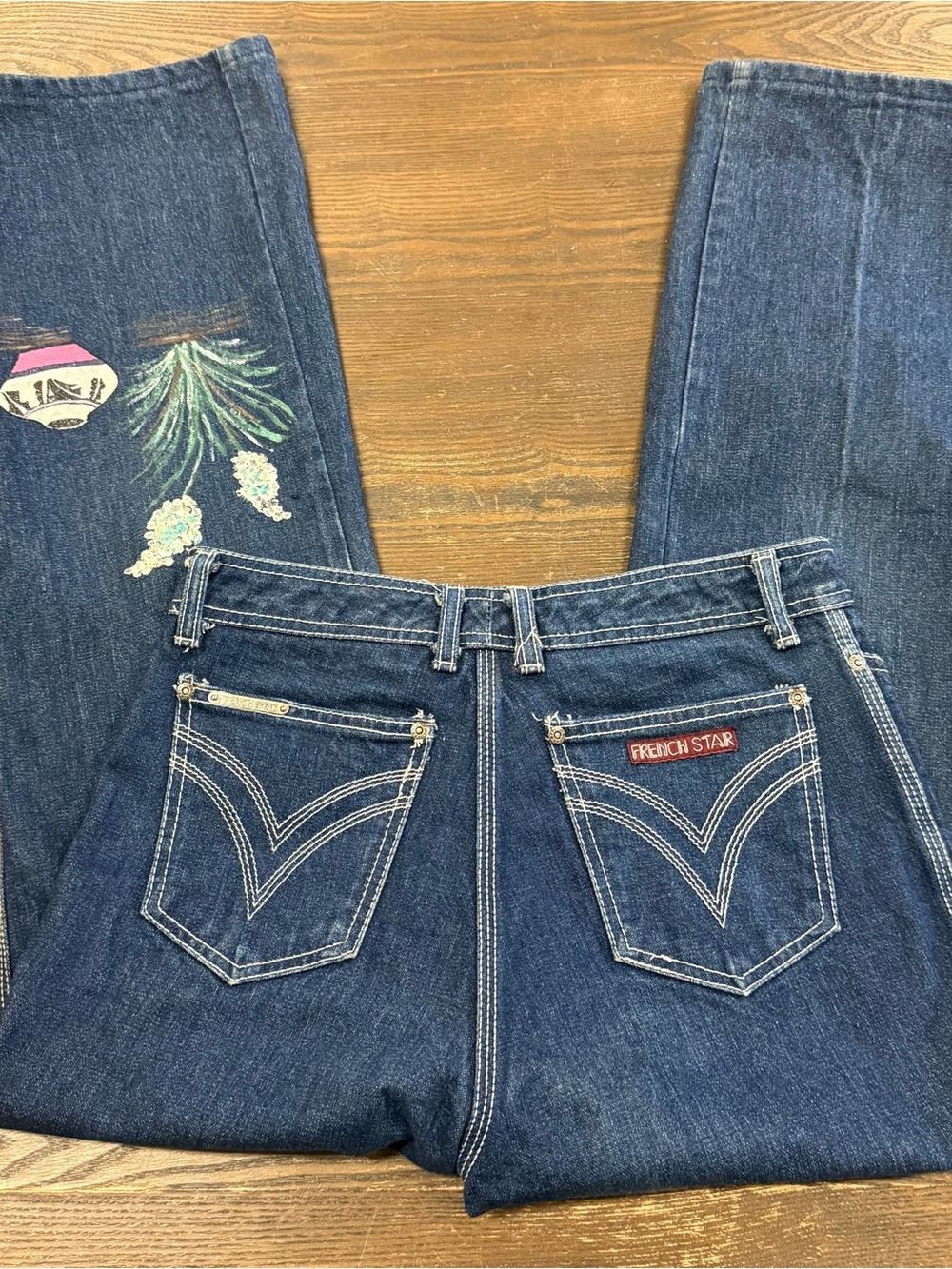 Vintage French Star Jeans Tagged 32 Wide Leg Embroidered Painted Denim